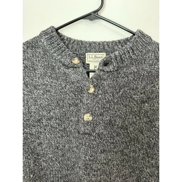 LL Bean 100% Lambs Wool Men's Classic Ragg Sweater Henley Pullover Gray Medium - Picture 8 of 9